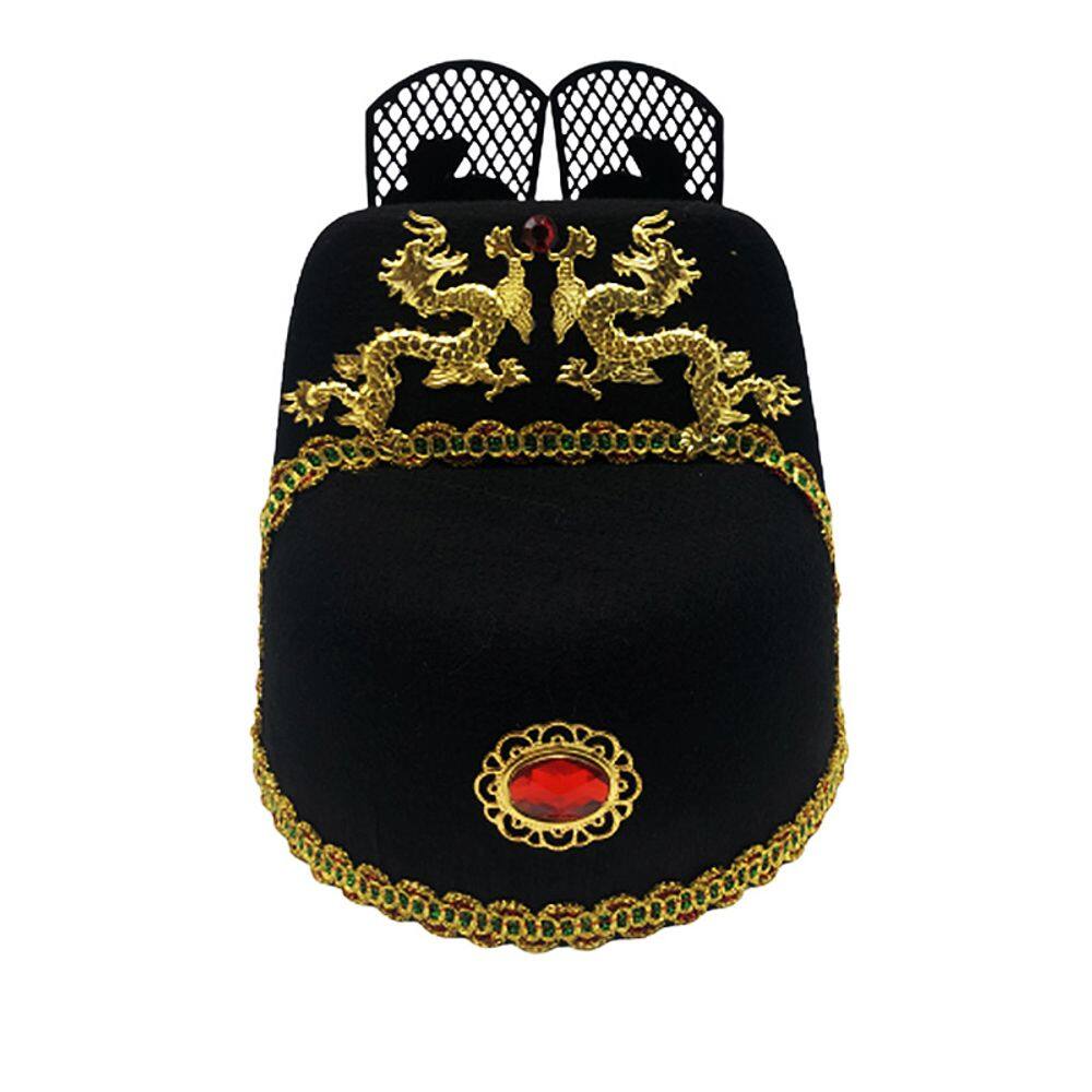 Chapéu de dragão chinês tradicional preto com ouro para adultos