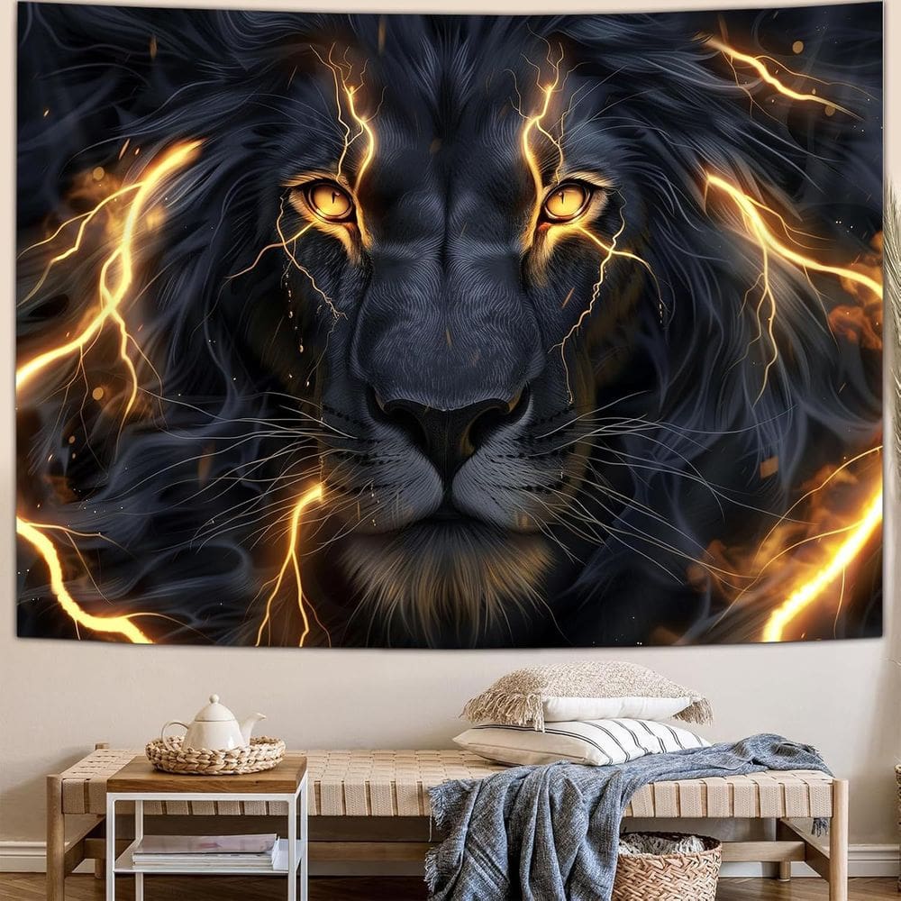 Tapeçaria de leão pendurado na parede com olhos dourados 150x130cm
