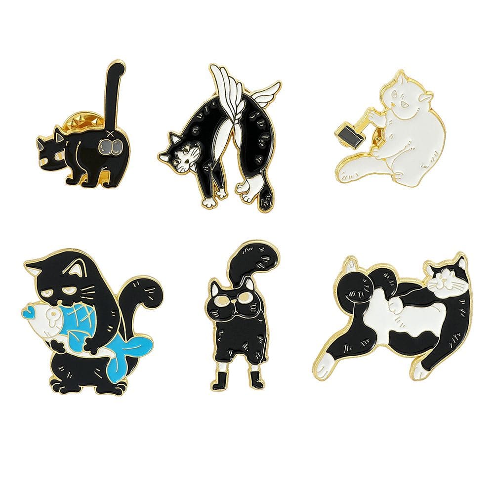 Conjunto de broches de gato fofo de desenho animado preto e branco