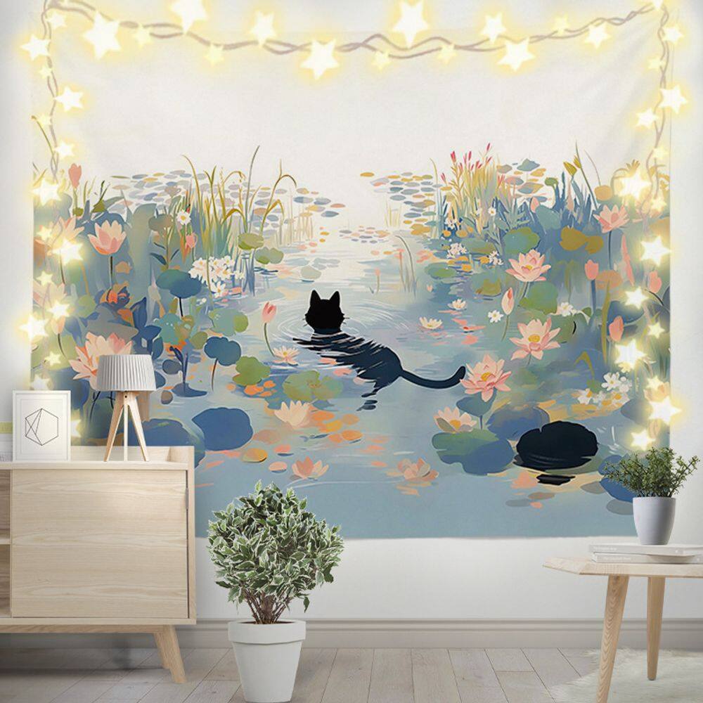 Tapeçaria de parede de desenho animado Black Cat in Lotus Pond 150x130cm