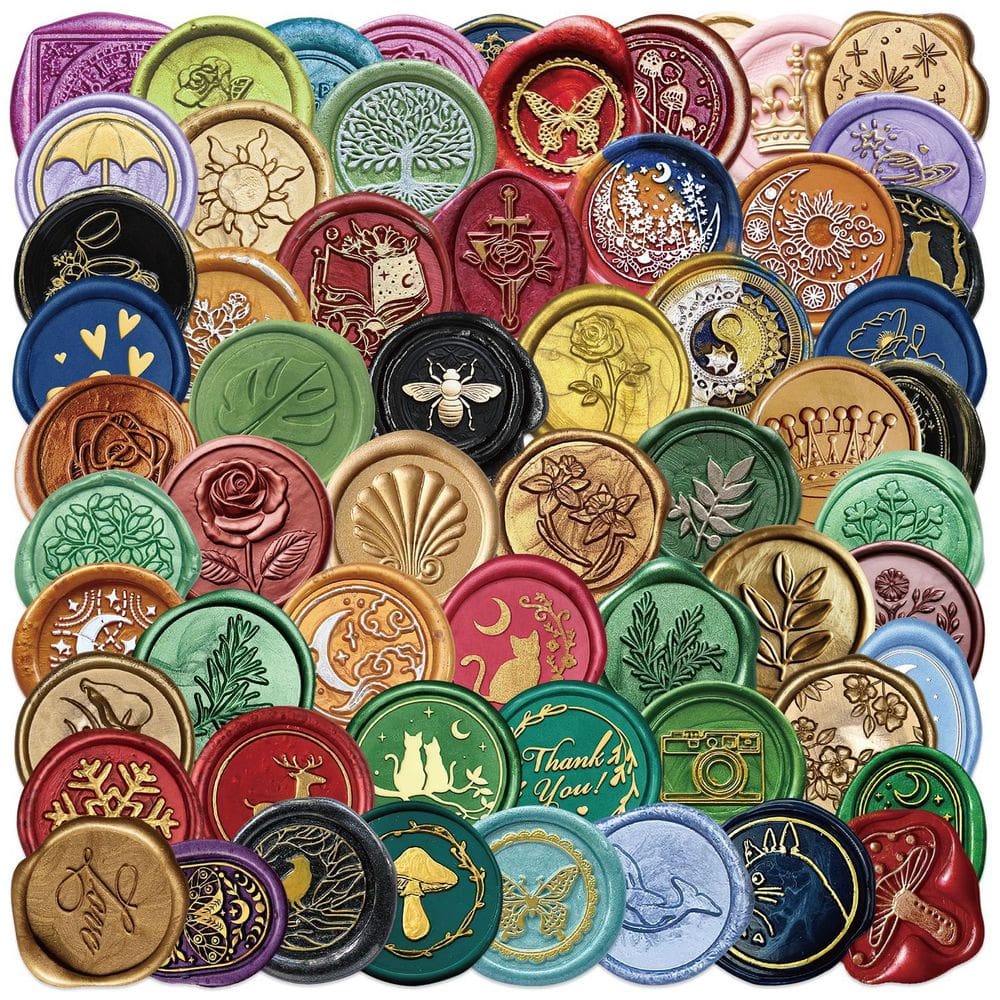Adesivos Wax Seal, 64 peças, decalques 3D coloridos, estampado vintage
