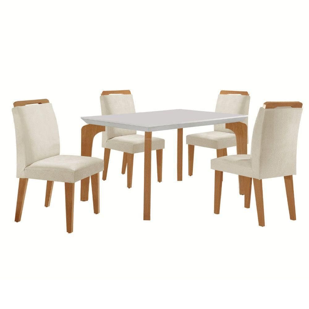 Conjunto Mesa Liz 120cm Com 4 Cadeiras Athenas Moderna Veludo Creme Off White Imbuia