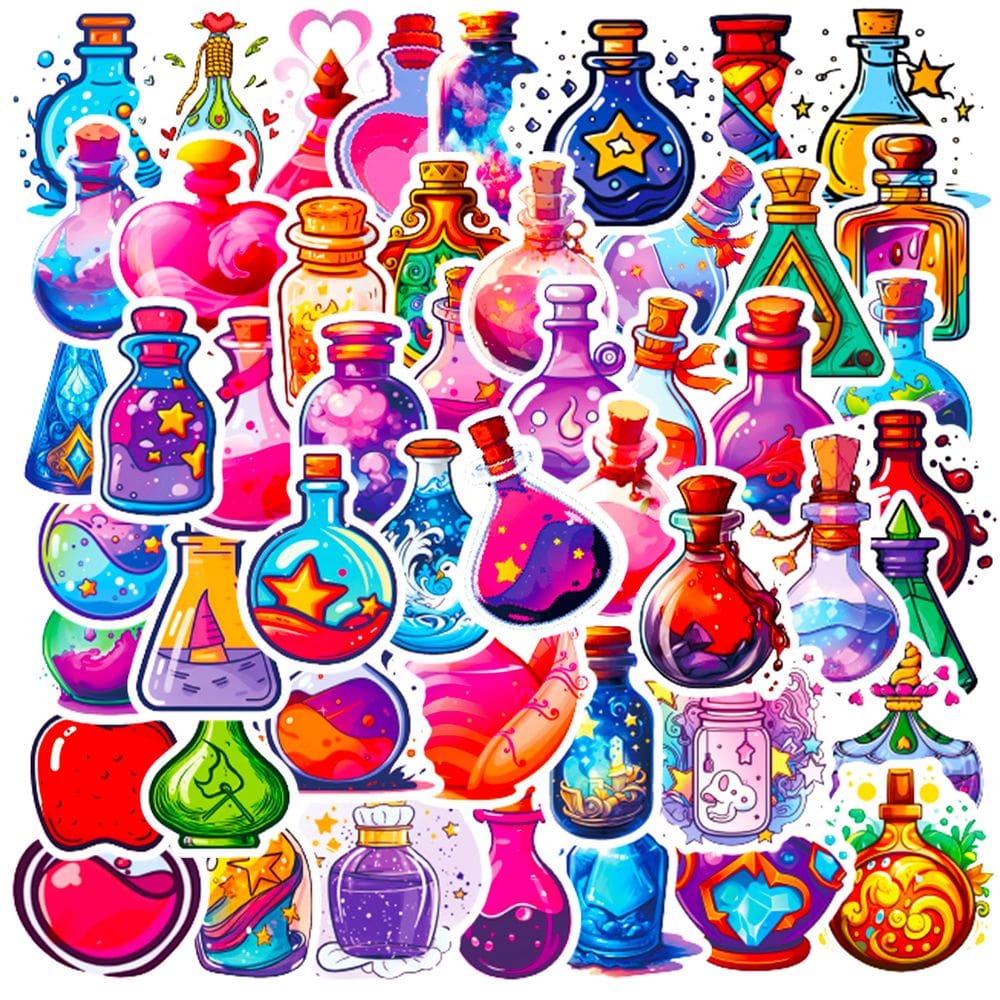Pacote de adesivos Magic Potion Bottle, 50 unidades de desenhos animados coloridos