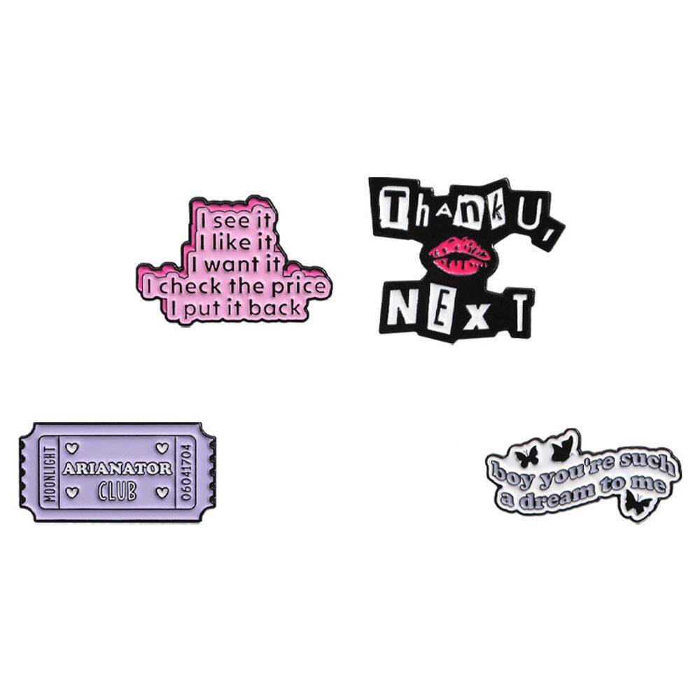 Conjunto de broches e citação moderna “Eu vejo, eu gosto, eu quero”