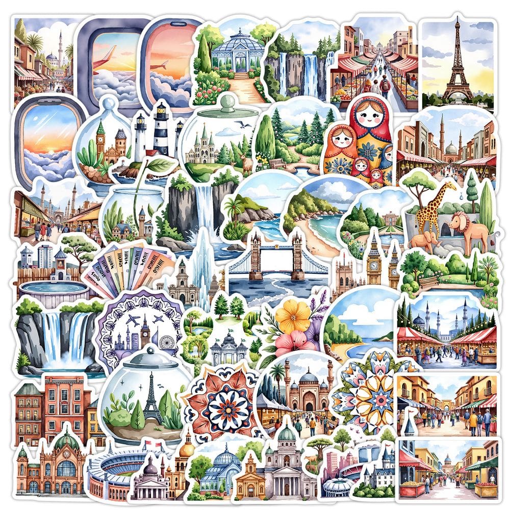 Adesivos, aquarela, viagem, grafite, pontos turísticos cênicos x50