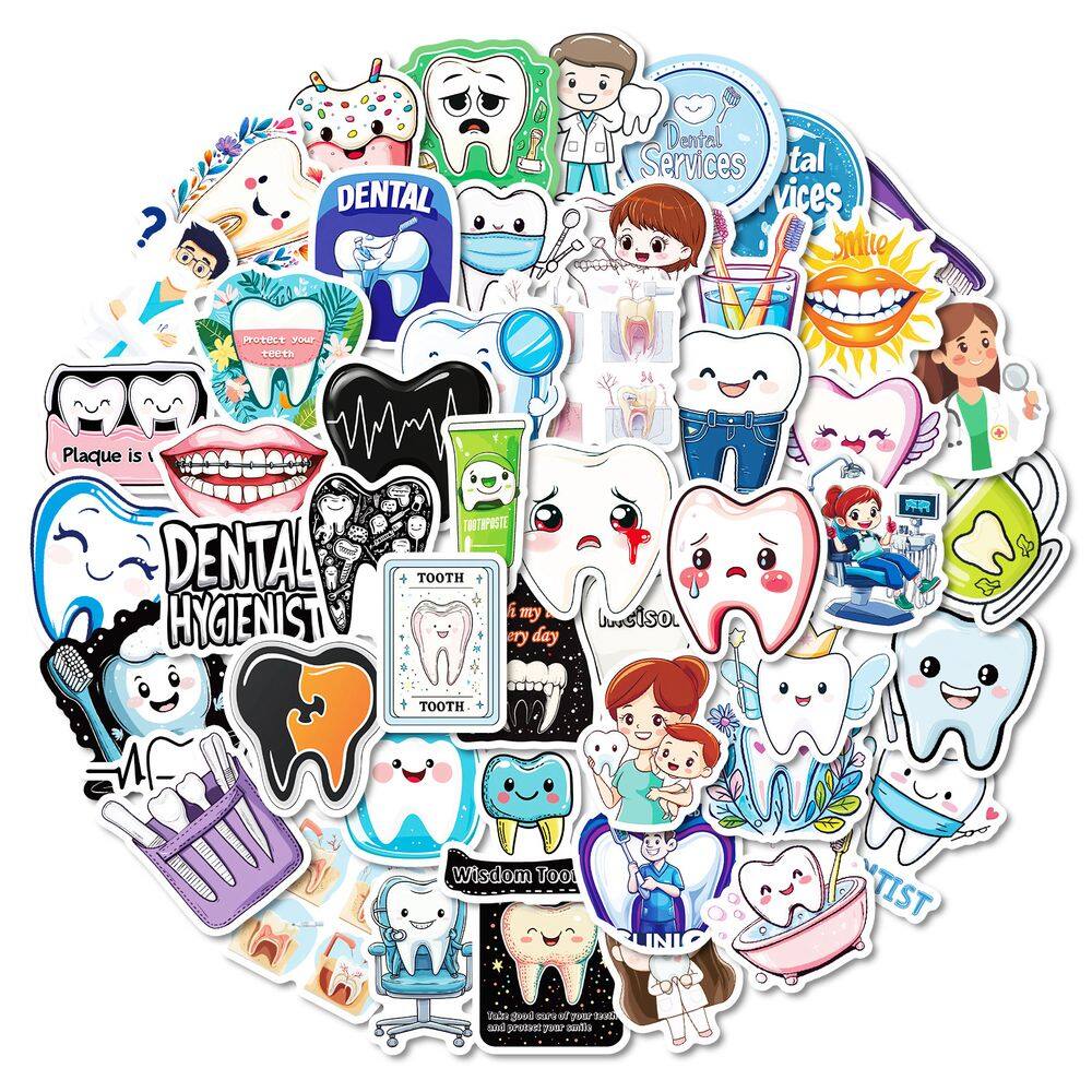 Pacote de adesivos Dental Theme 50 unidades de vinil impermeável de 5-8 cm