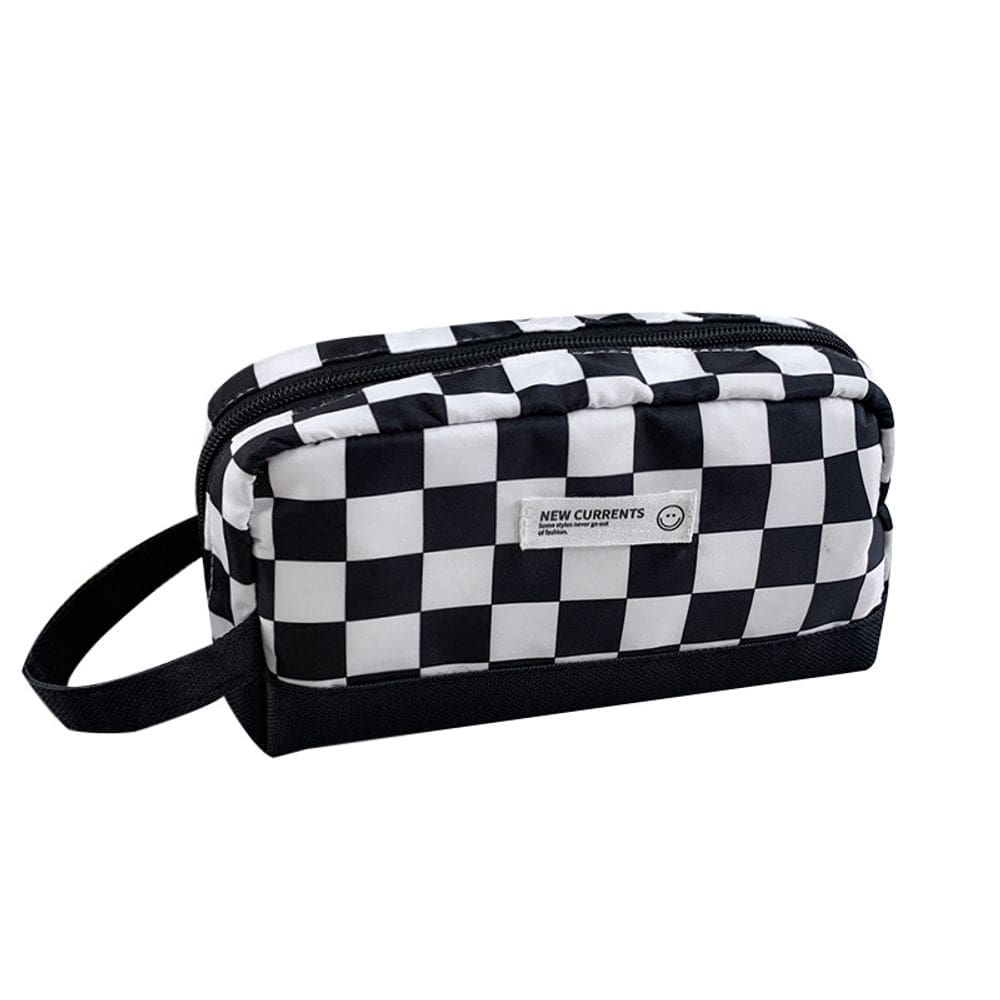 Estojo de lápis quadriculado de tecido preto de grande capacidade