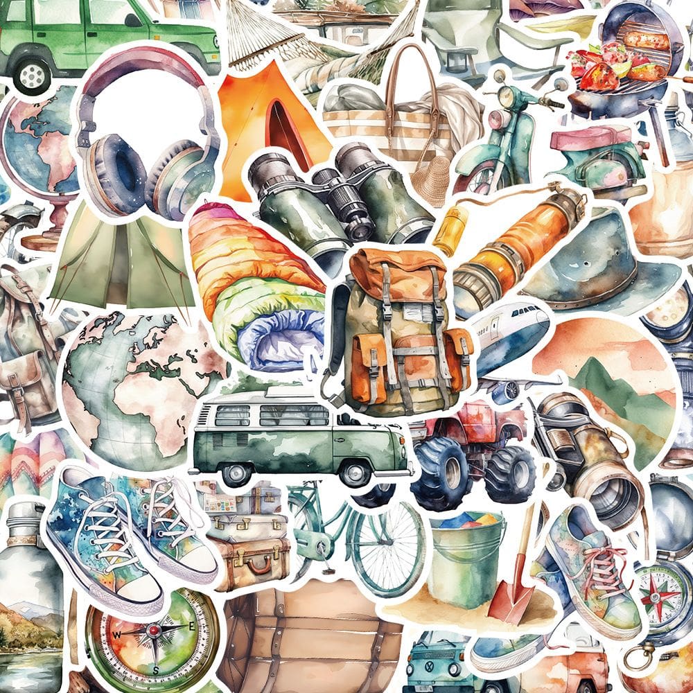 Pacote de adesivos em aquarela, viagem, 50 unidades, pacote de vinil impermeável