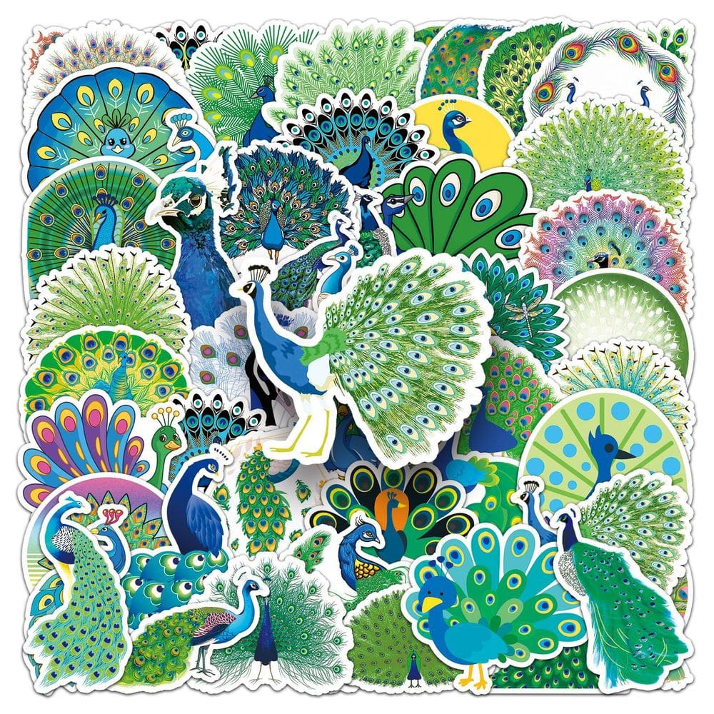 Pacote de adesivos: desenho animado, pavão, animal colorido, 50 unidades