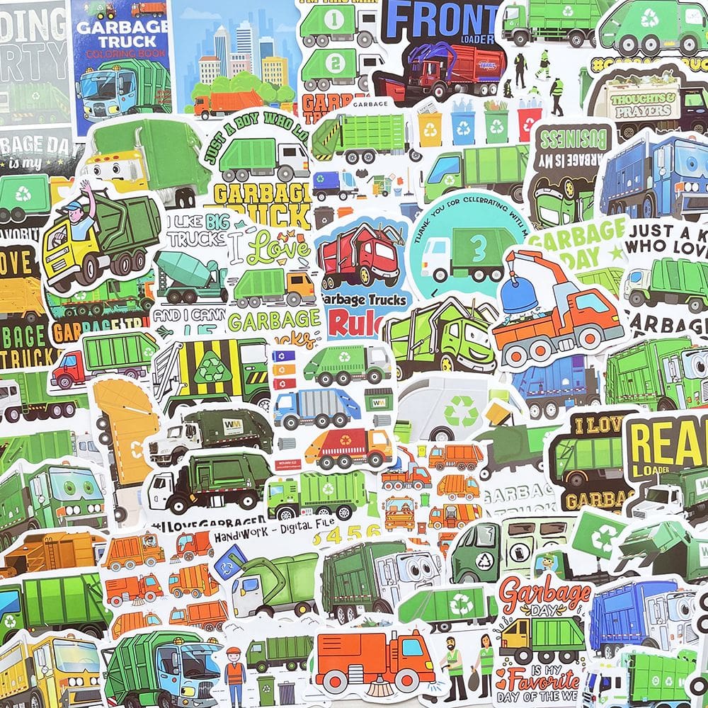 Pacote de adesivos Cartoon Green Garbage Truck 60 unidades à prova d`água