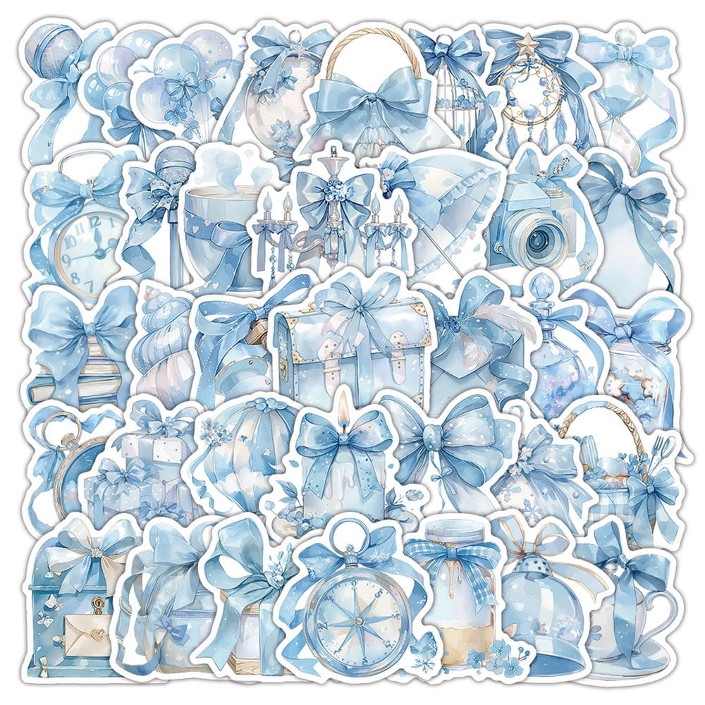 Pacote de adesivos Blue Aesthetic Cute Bow & Ribbon 53 unidades