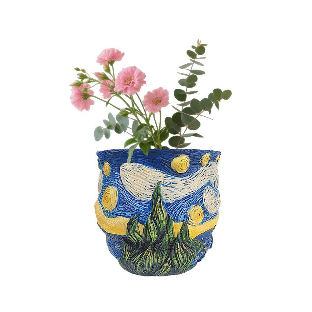 Padrão criativo de céu estrelado em resina inspirada em Van Gogh em vaso de flores