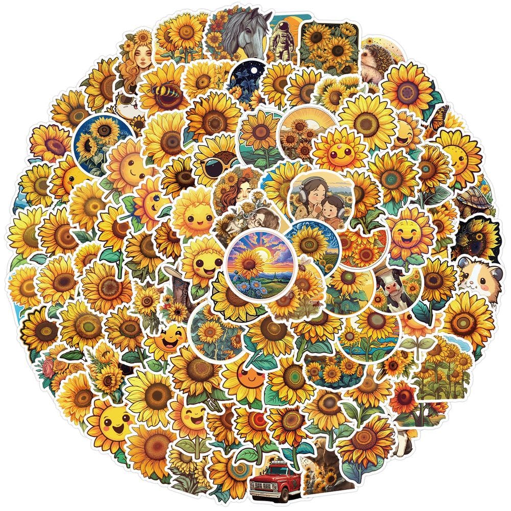 Pacote de adesivos com tema de desenho animado de girassol, 100 unidades de vinil