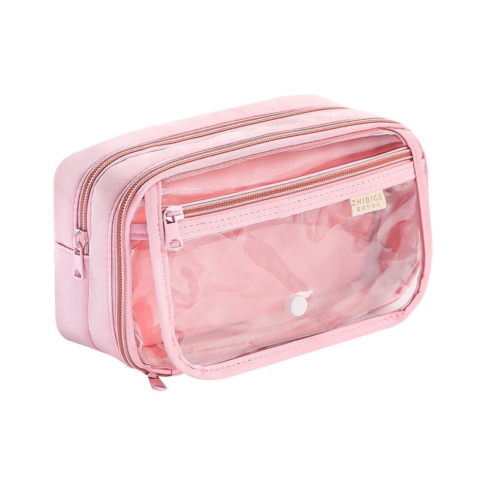 Estojo de lápis transparente de grande capacidade em tecido rosa PVC