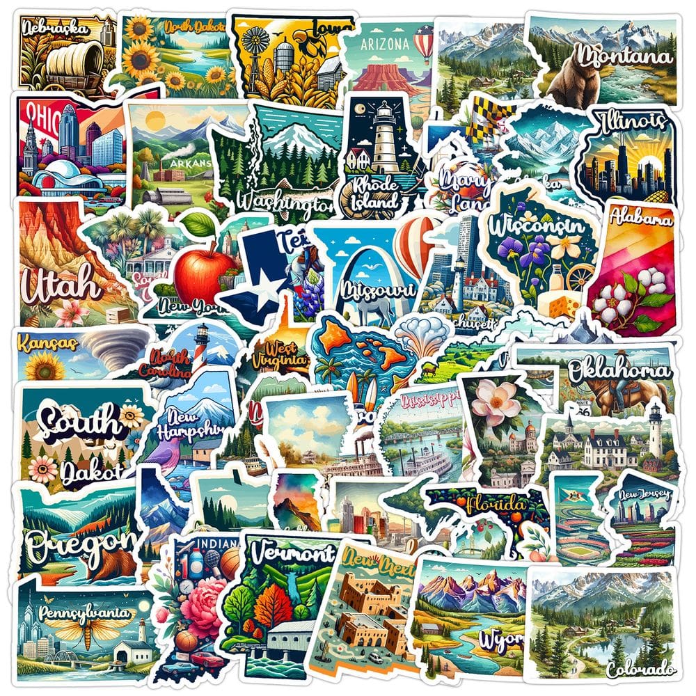 Conjunto de adesivos com clipart dos Estados Unidos, 50 peças de vinil impermeável