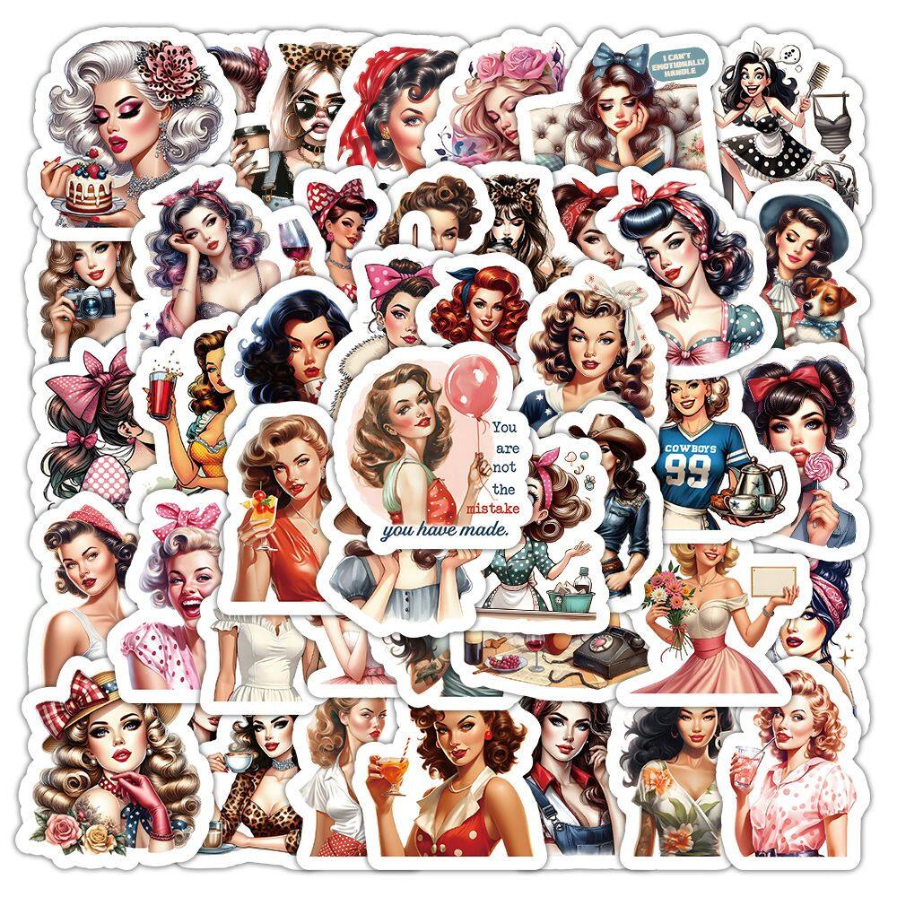 Adesivos Retro Girl Vintage em Vinil Estilo Pin-Up 50 unidades