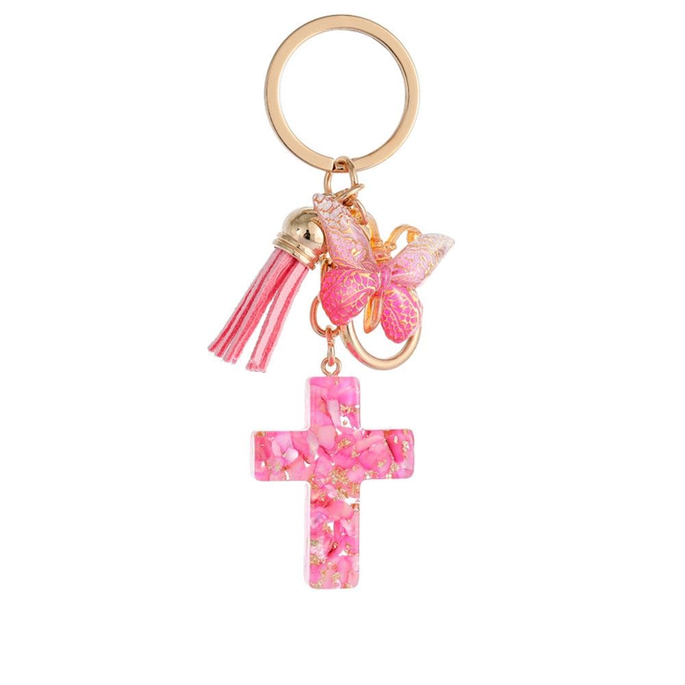 Chaveiro Creative Pink Resin Cross com borboleta e borla