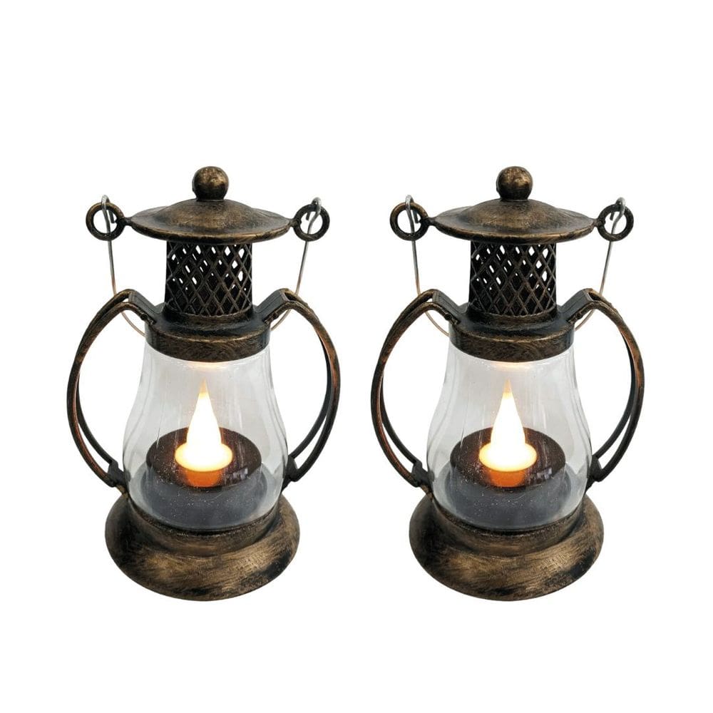 Jogo 2 Mini Lamparinas LED Decorativa Ouro Envelhecido 11cm Vela Artificial Branco Quente com Alça