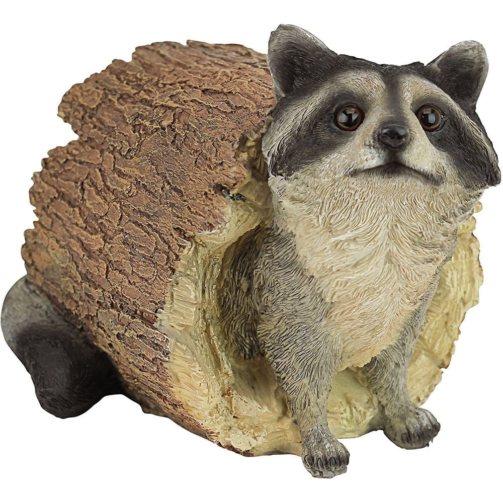 Decoração de jardim com estátua de guaxinim de resina em toco de árvore