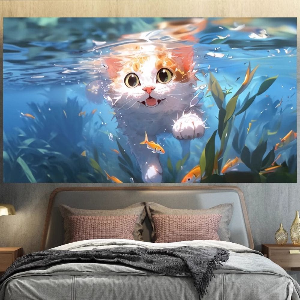 Tapeçaria pendurada na parede, gato fofo, ilustração subaquática 150x130cm