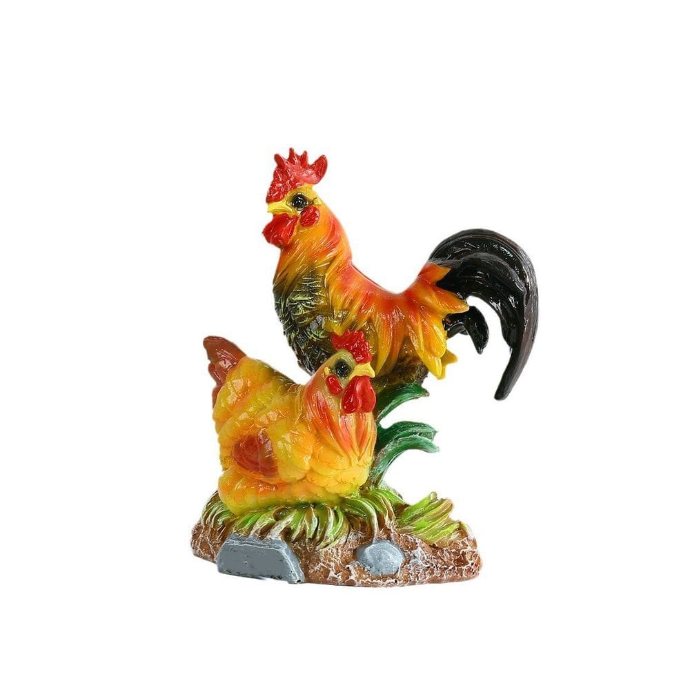 Estátua de decoração de jardim em resina de galo e galinha 7,5 cm