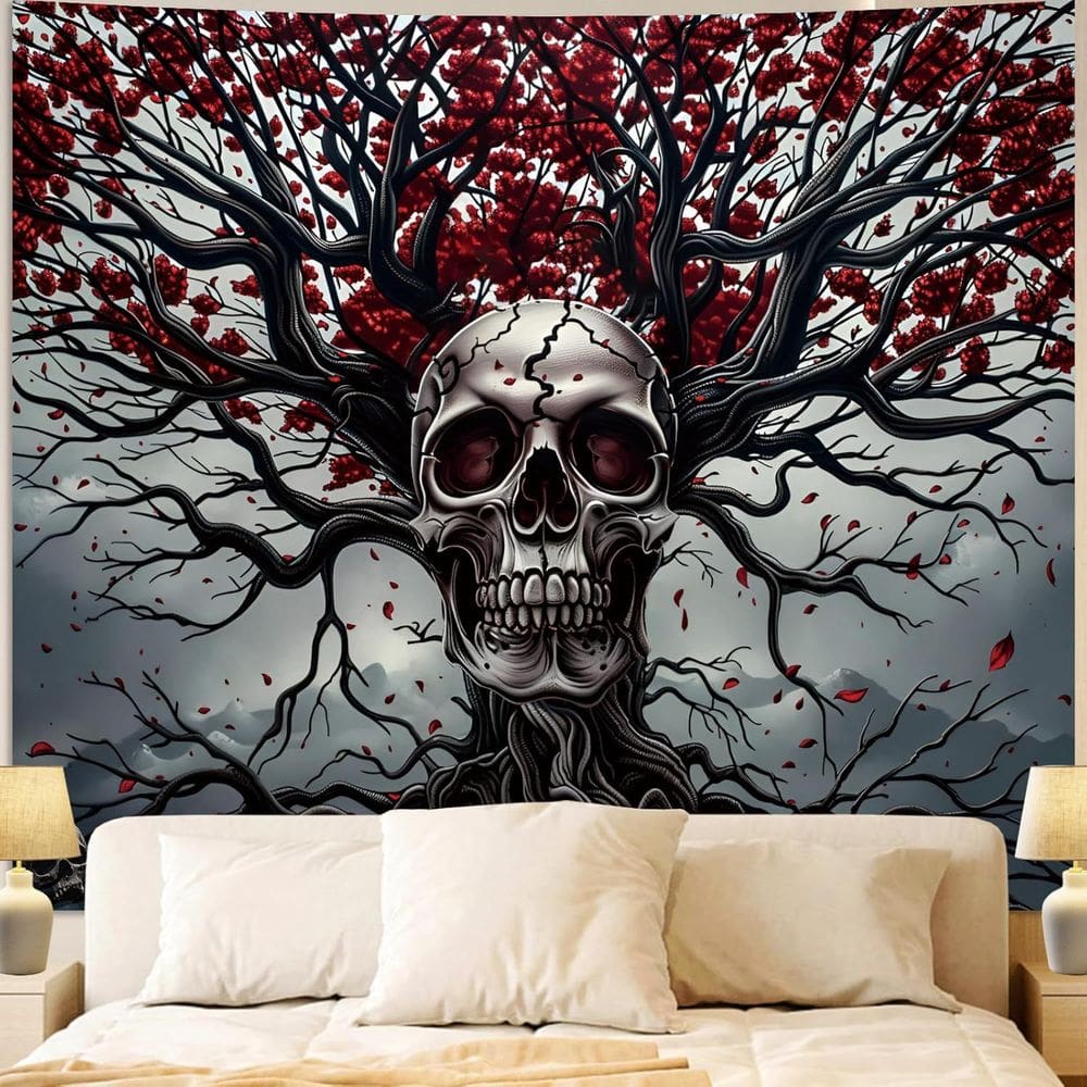 Tapeçaria pendurada na parede Tree of Life Skull Gothic Red 150x130cm