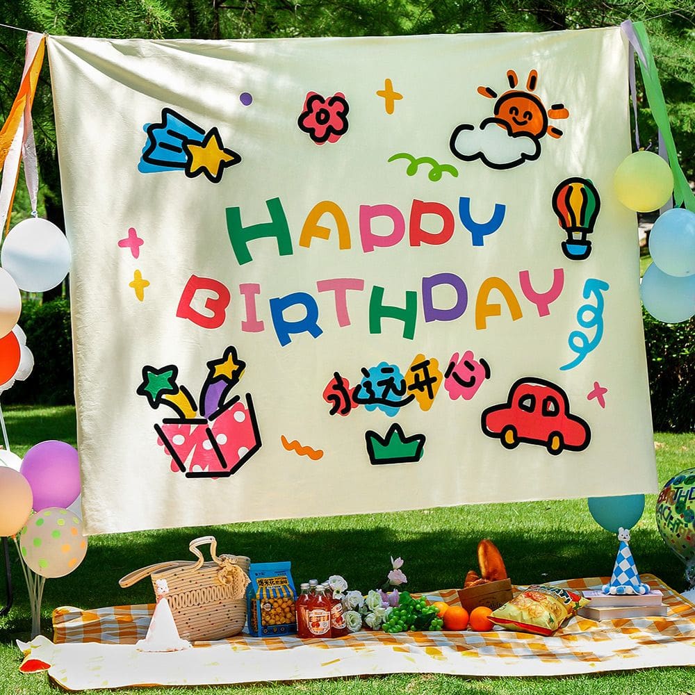 Tapeçaria de aniversário para pendurar na parede, desenho animado, decoração de festa feliz