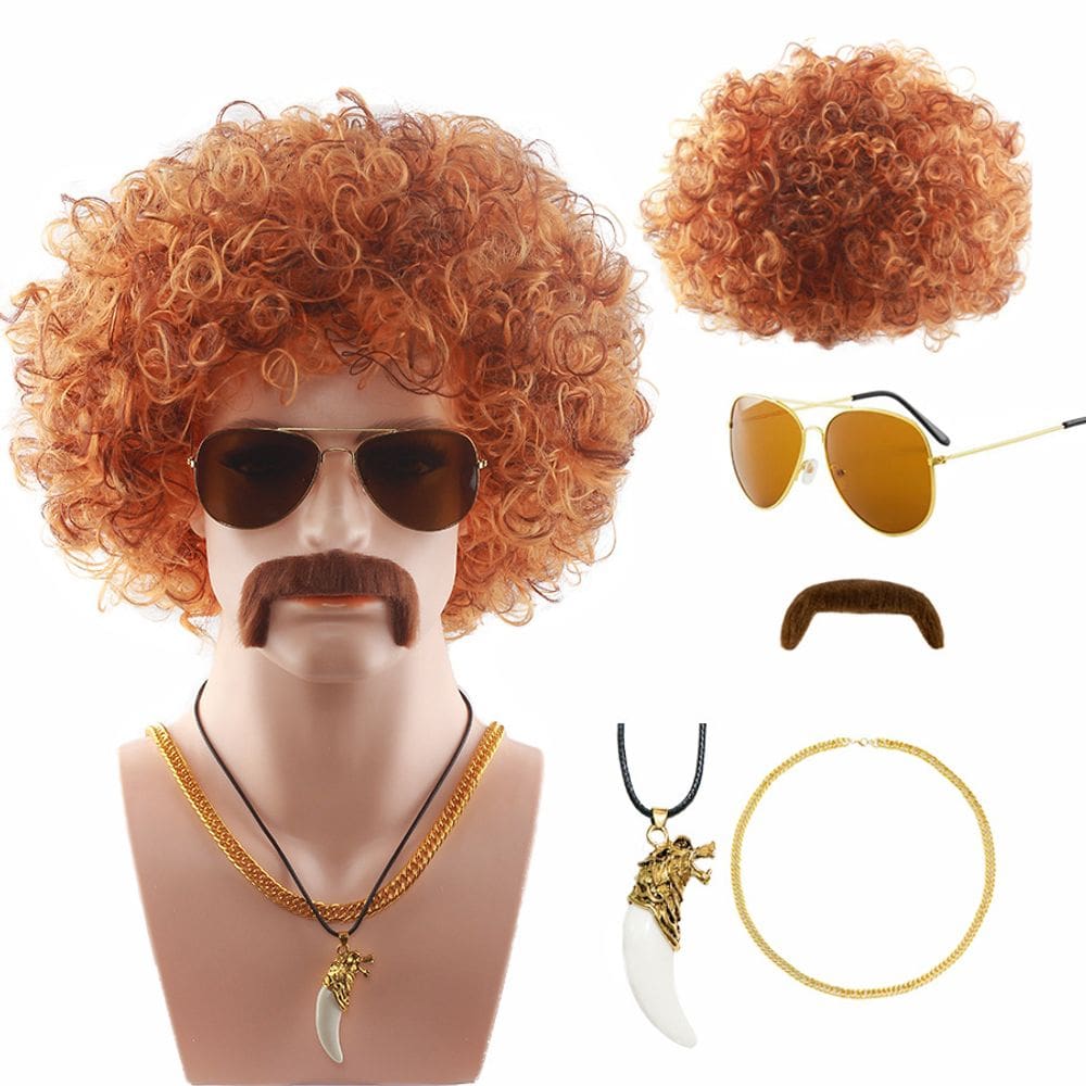 Conjunto de perucas Retro Disco Curly Brown Cosplay 70s 80s para homens