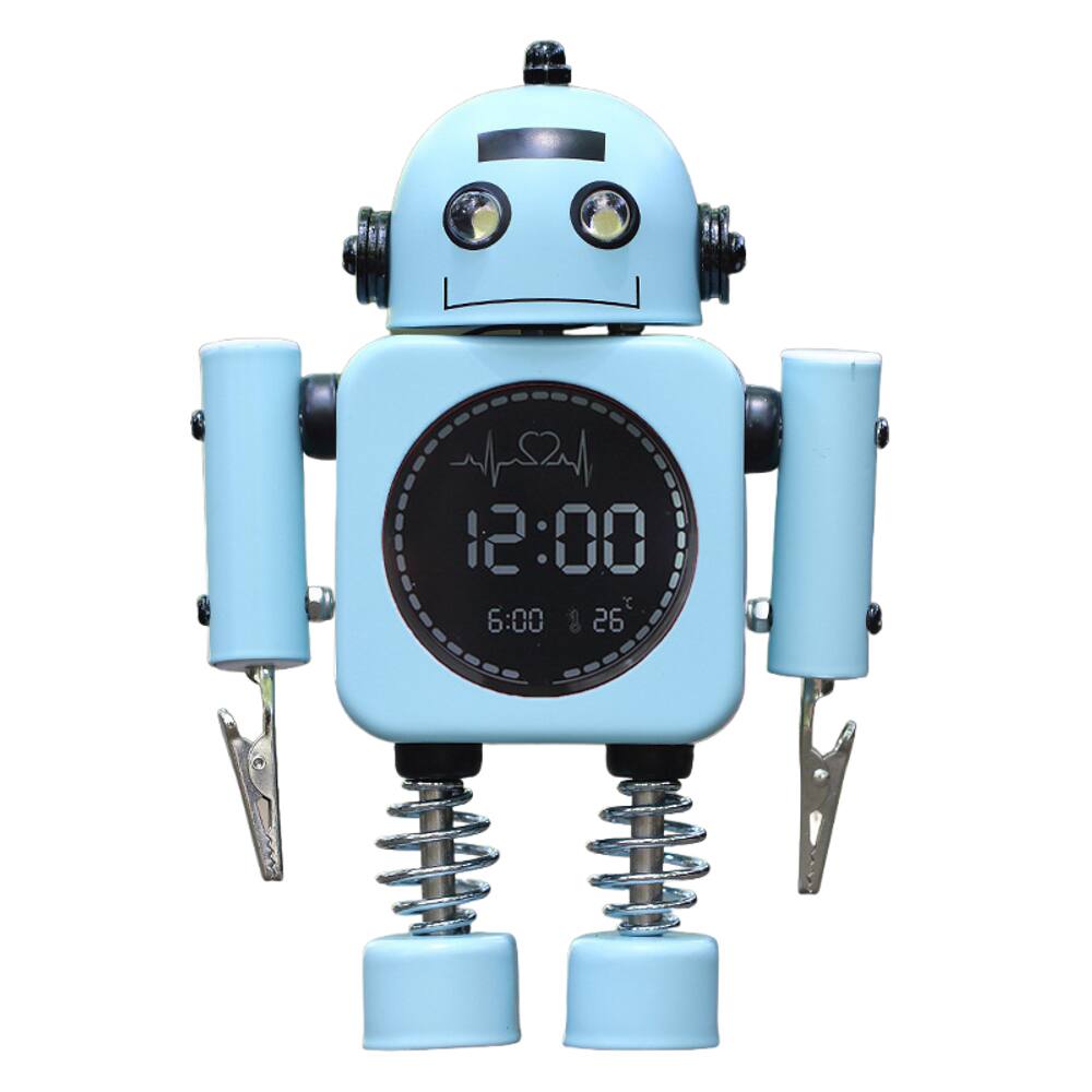 Despertador digital em forma de robô com luz noturna em metal azul