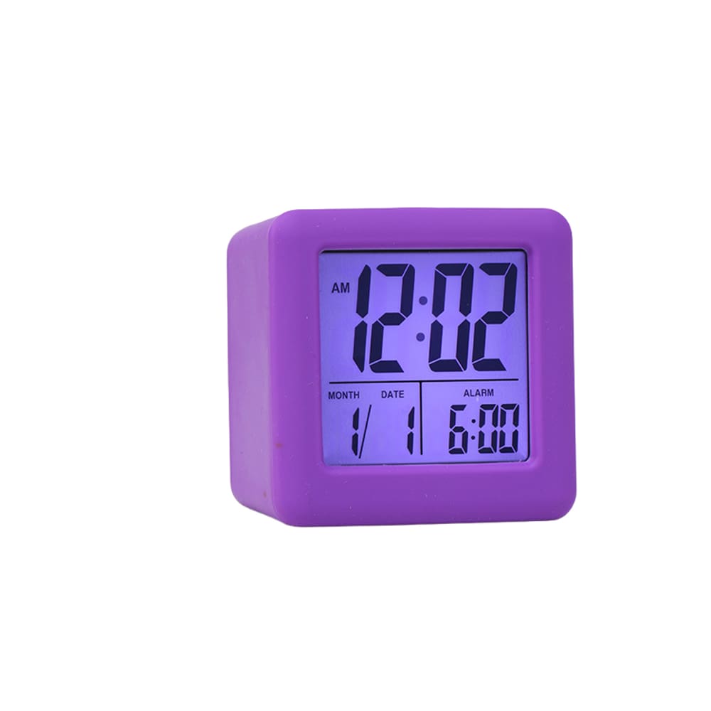 Despertador LCD de silicone roxo com luz de fundo, tela grande