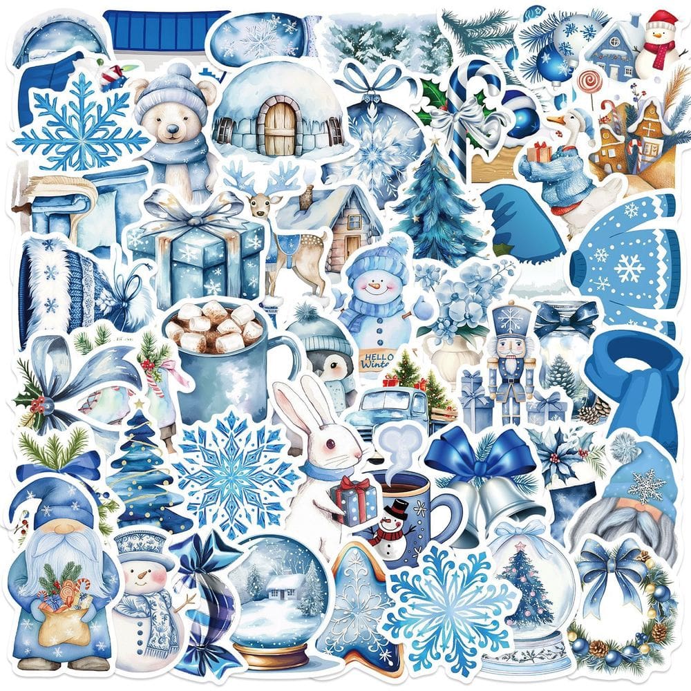 Pacote de adesivos Winter Blue Cartoon Snowflake Snowman 50 unidades
