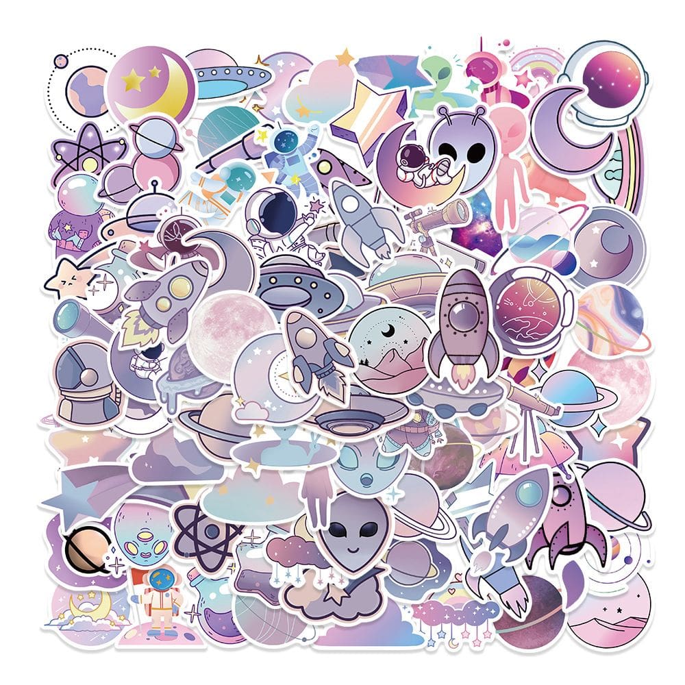 Pacote de adesivos Generic Purple Space, 100 unidades de adesivos Cartoon Rocket Planet