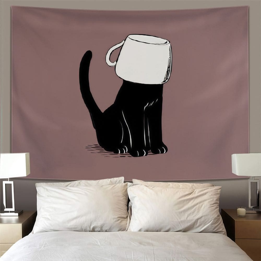 Tapeçaria pendurada na parede com desenho animado de gato preto com café 150x130cm
