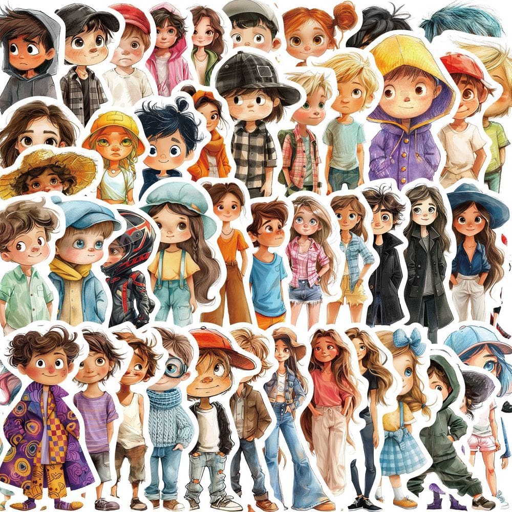 Pacote de adesivos, roupa colorida de desenho animado, moderna, 50 unidades à prova d`água