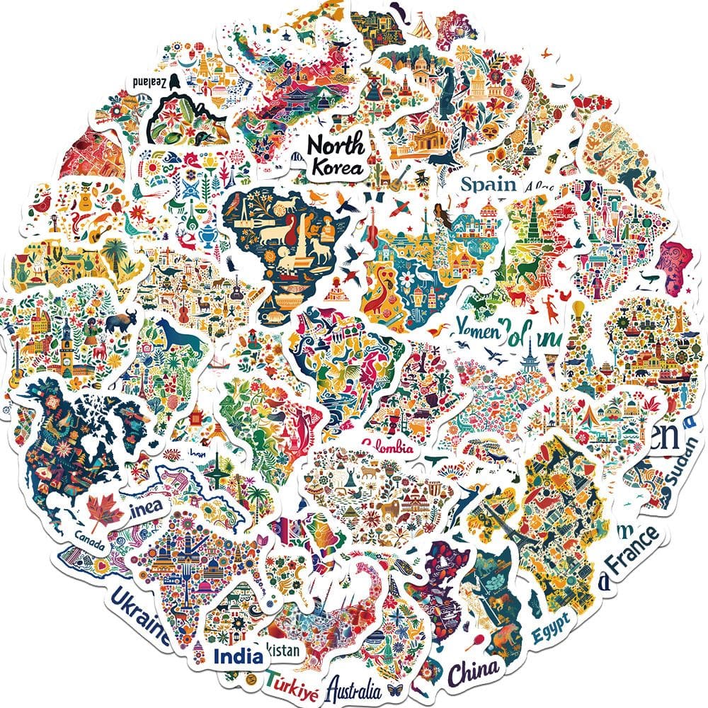 Adesivos coloridos do mapa mundial 50 unidades de vinil impermeável de 3 a 6 cm