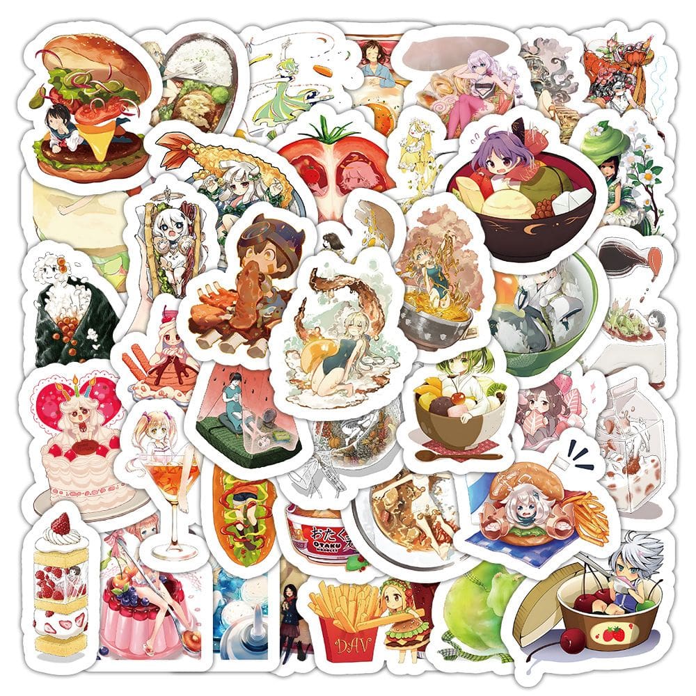 Pacote de adesivos Food World, 50 unidades de personagens de desenhos animados à prova d`água