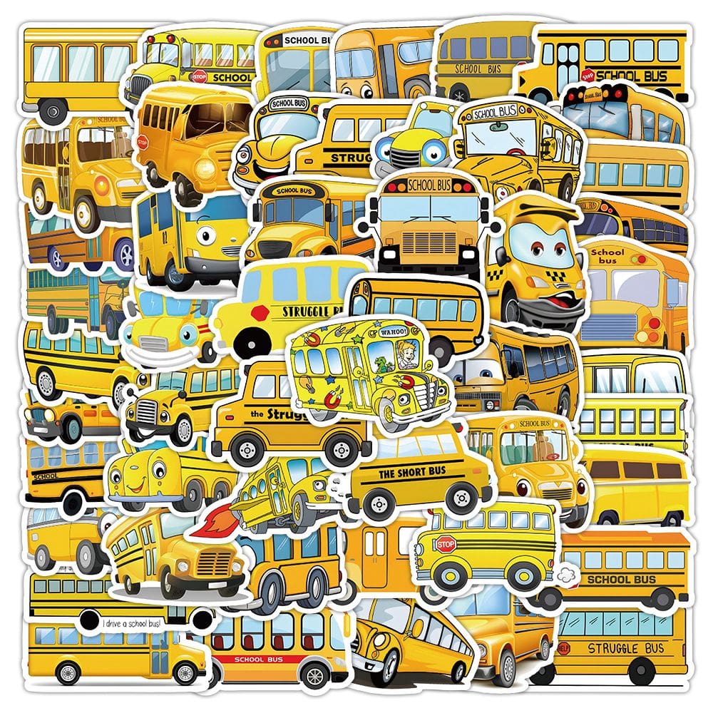 Conjunto de adesivos Cartoon School Bus, 50 unidades, impermeável e durável