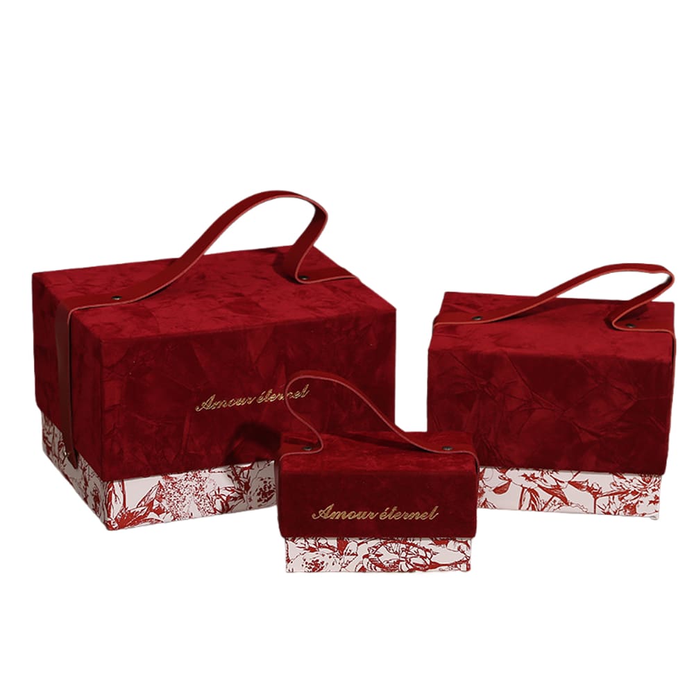 Caixas de lembrancinhas de casamento Burgundy Velvet, 3 peças com design floral