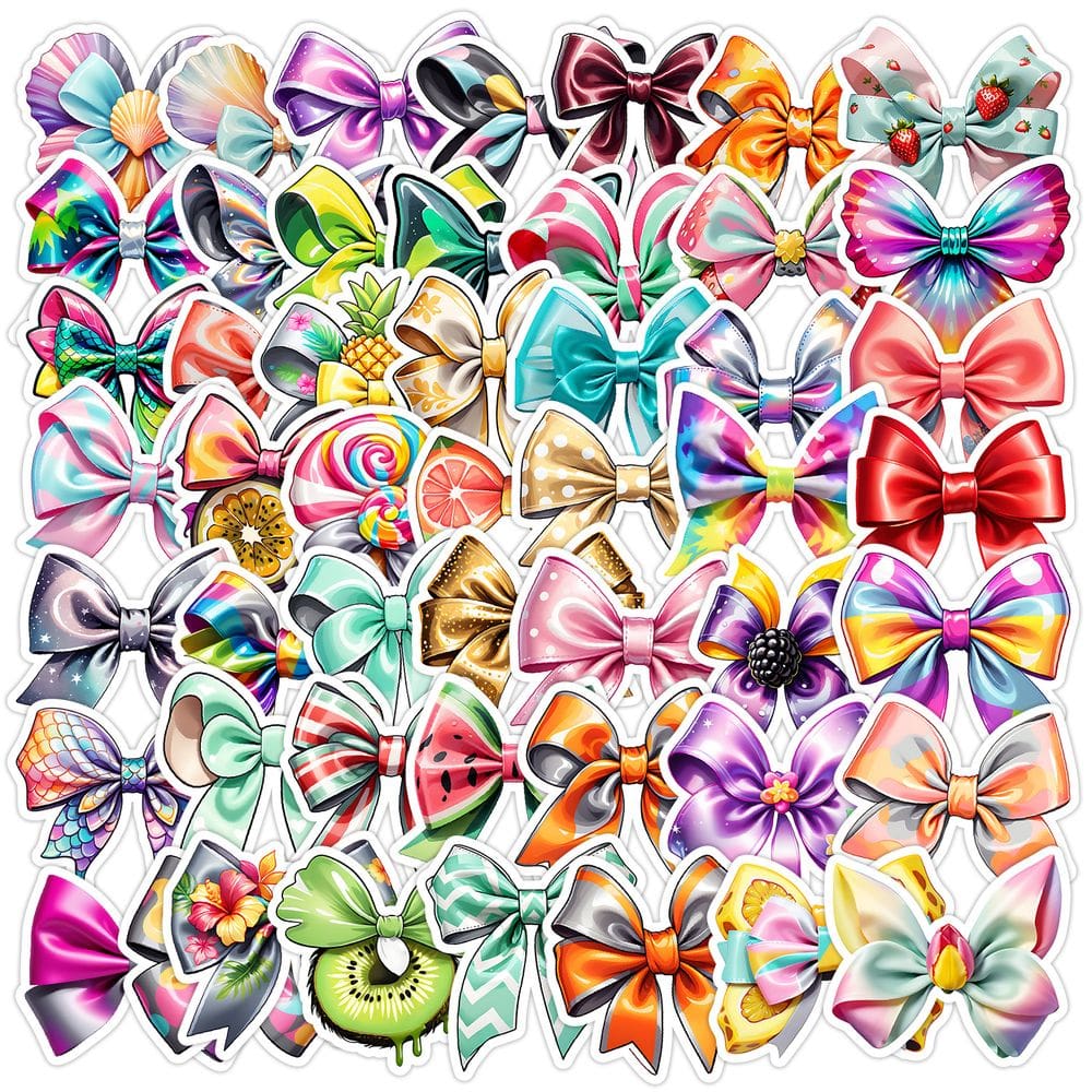 Pacote de adesivos, laço colorido, 50 peças, lindo decalque de fita de desenho animado