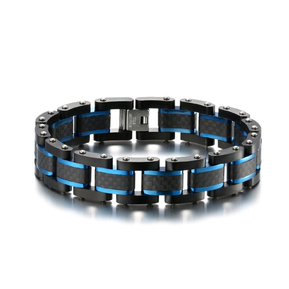 Pulseira masculina de aço inoxidável com incrustação de fibra de carbono azul