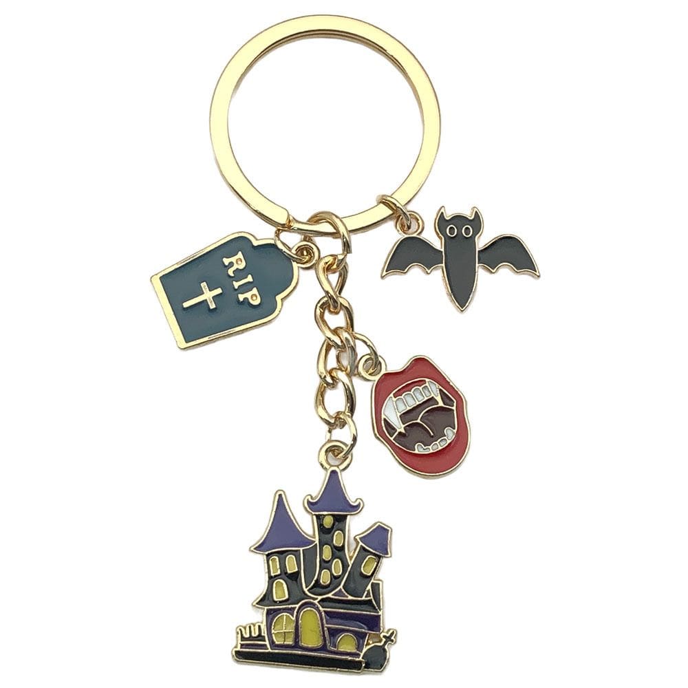 Chaveiro com tema de Halloween com design de castelo preto e morcego