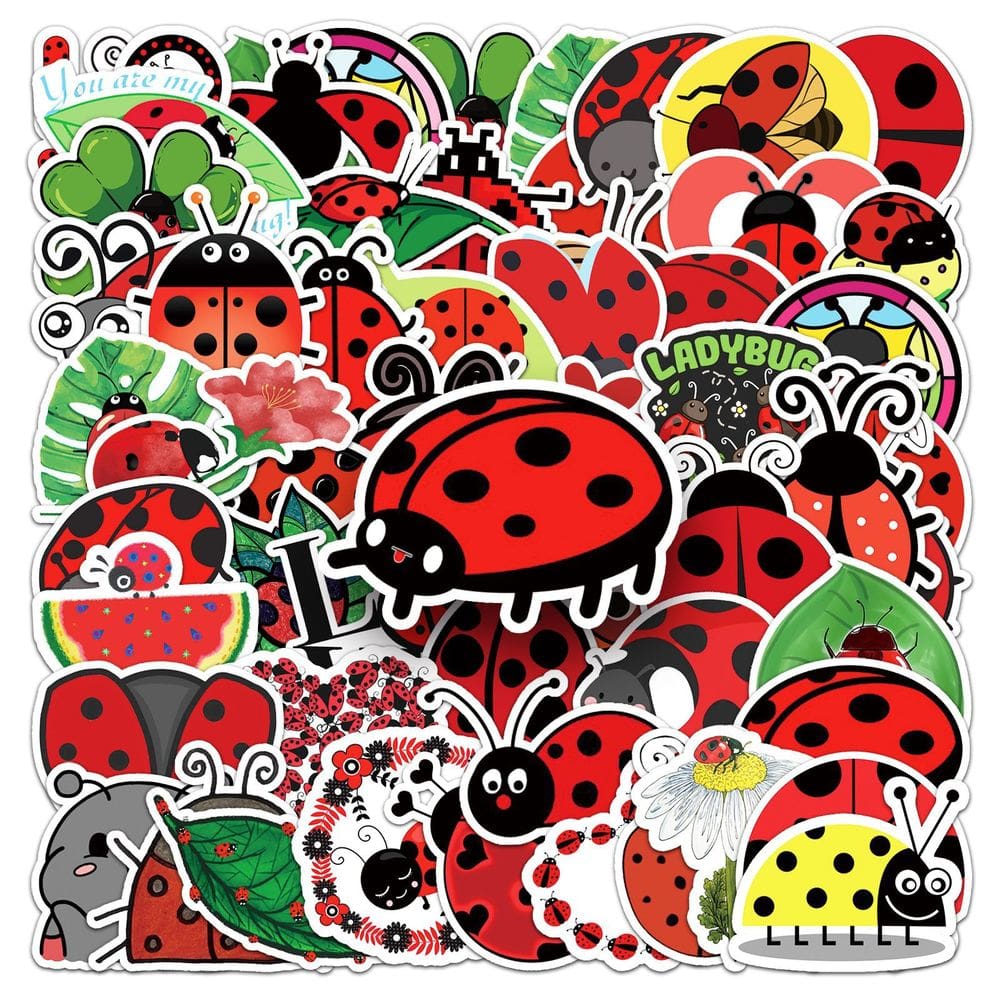 Pacote de adesivos com tema de joaninha, vinil impermeável, 50 unidades