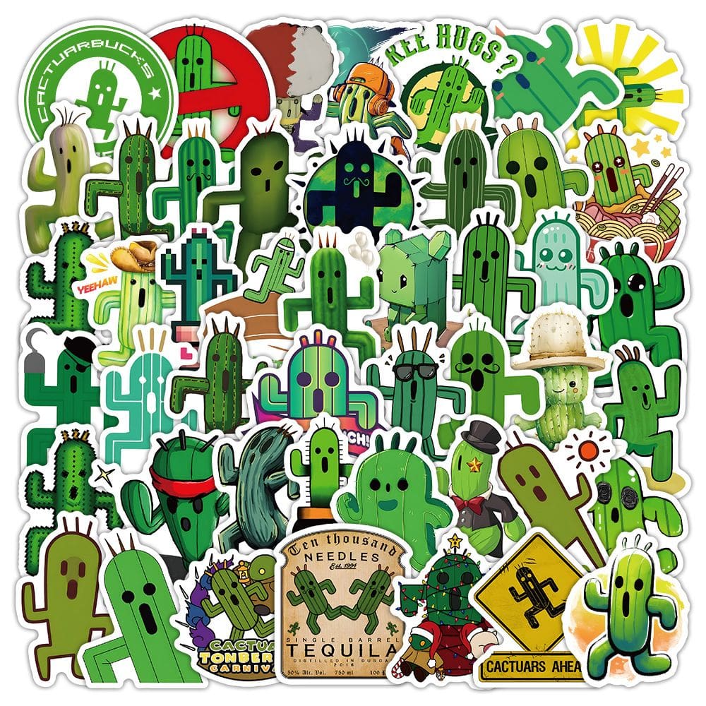 Adesivos Cute Cactus, vinil impermeável, 50 unidades para garrafa de água