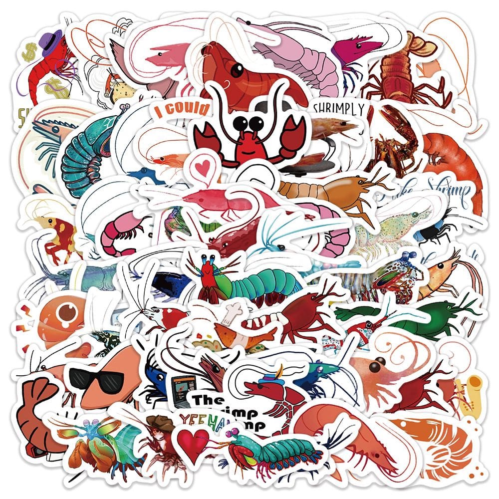 Pacote de adesivos: camarão, 53 peças, desenho animado, lagosta, camarão, vinho