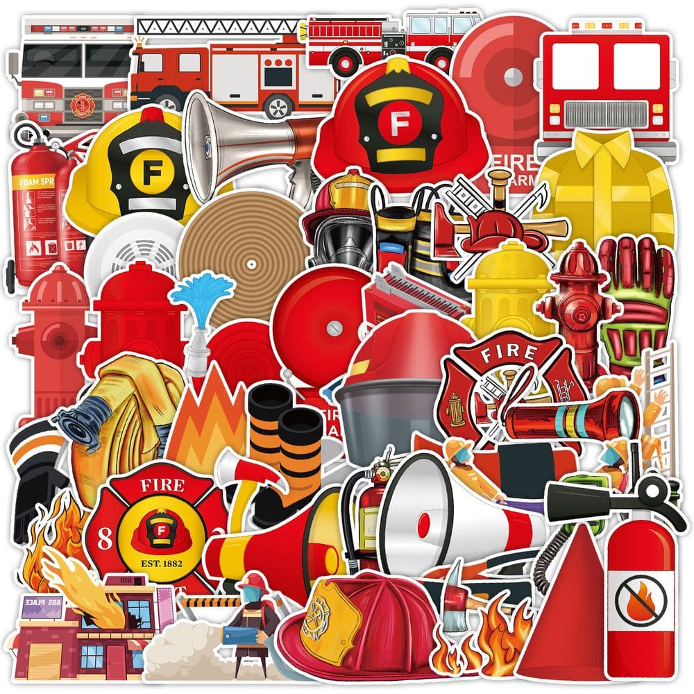 Pacote de adesivos Firefighter Theme, 50 unidades de vinil em estilo cartoon