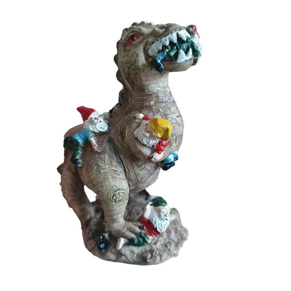 Escultura de decoração de jardim Dinossauro comendo resina de gnomo