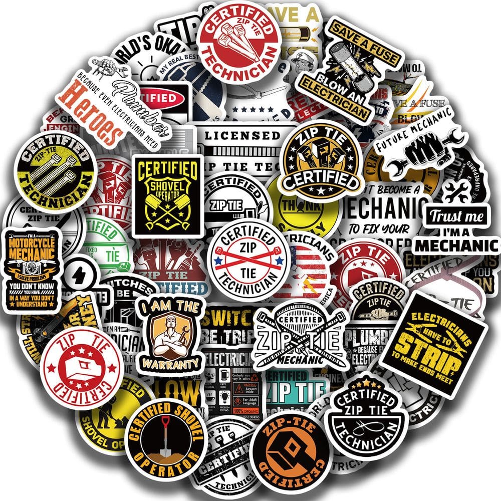 Pacote de adesivos com 65 peças certificadas por temas mecânicos e técnicos