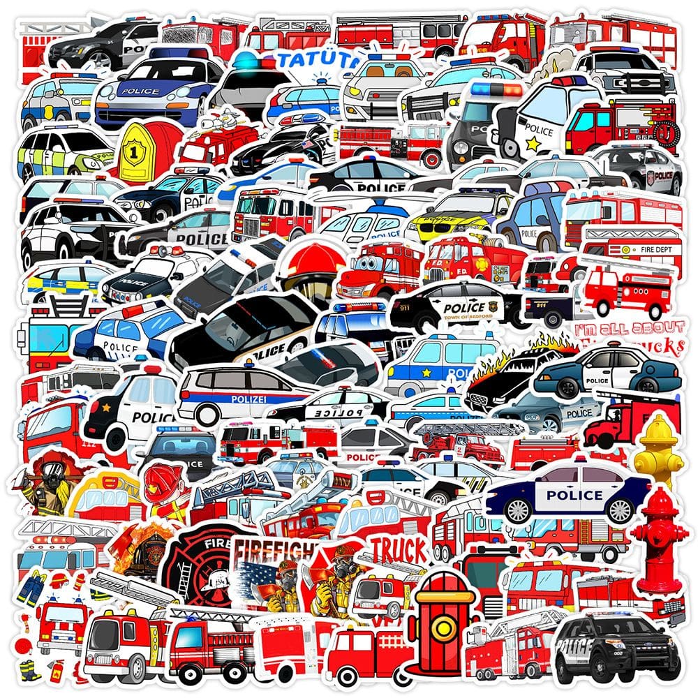 Pacote de adesivos Cartoon, caminhão de bombeiros e carro de polícia, 100 unidades
