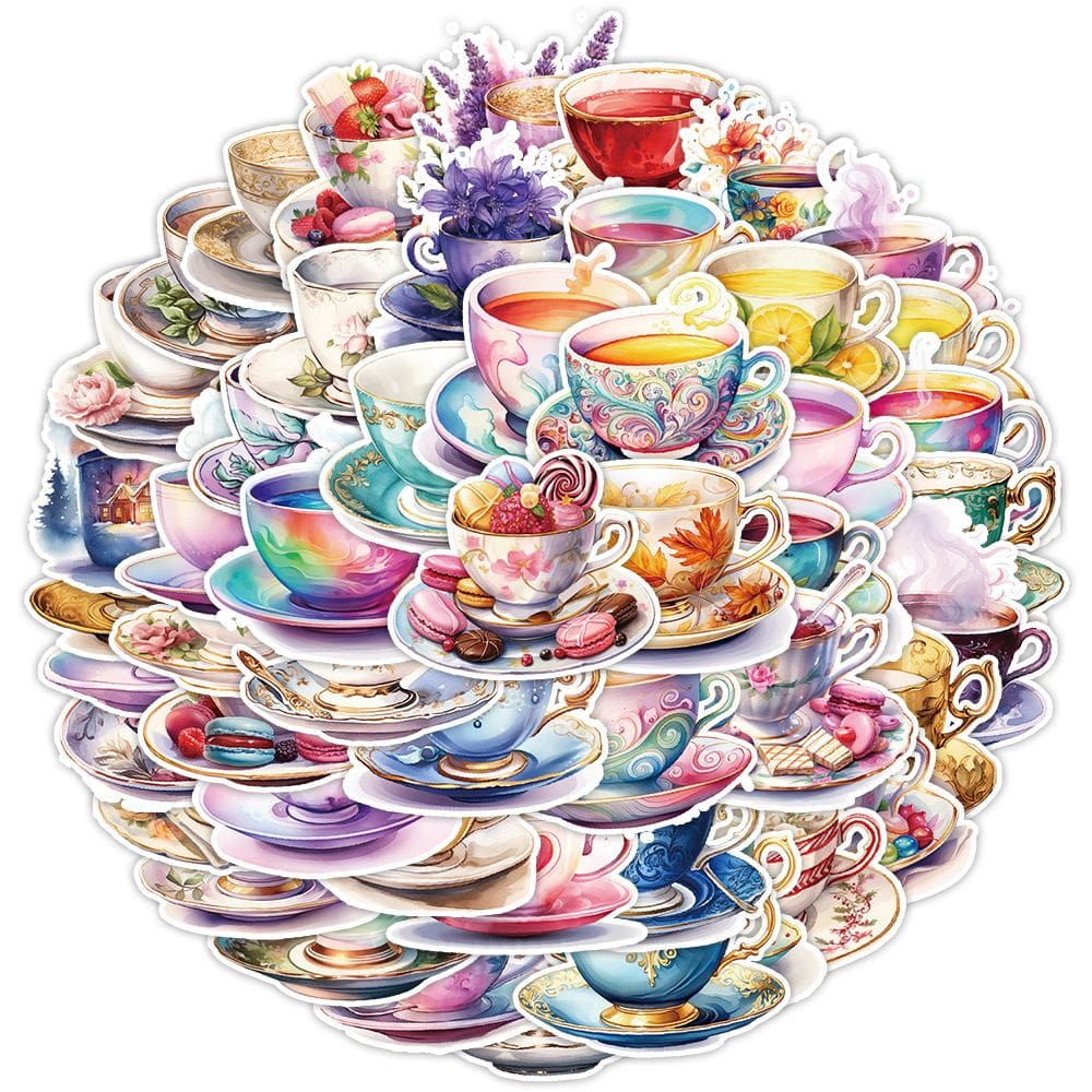 Pacote de adesivos: xícara de chá em aquarela, 50 unidades de xícara de chá elegante