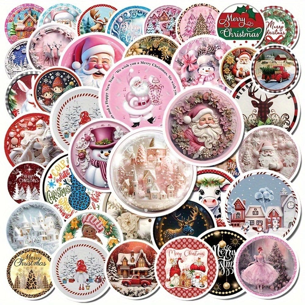 Pacote de adesivos de Natal, 50 unidades de desenhos animados retrô estéticos